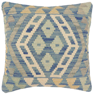 handmade Traditional Pillow Blue Beige Hand-Woven SQUARE 100% WOOL Hand woven turkish pillow2' x 2'